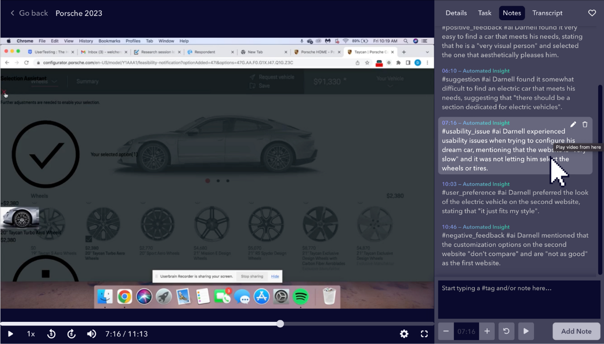 A Porsche configuration website with a right-hand panel showing user feedback on the site's usability.