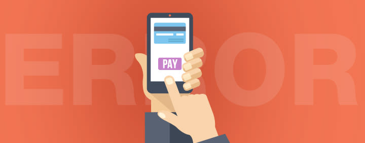 A hand holding a smartphone with a credit card icon and a "Pay" button, against an orange background with the word "ERROR" in large, semi-transparent letters.