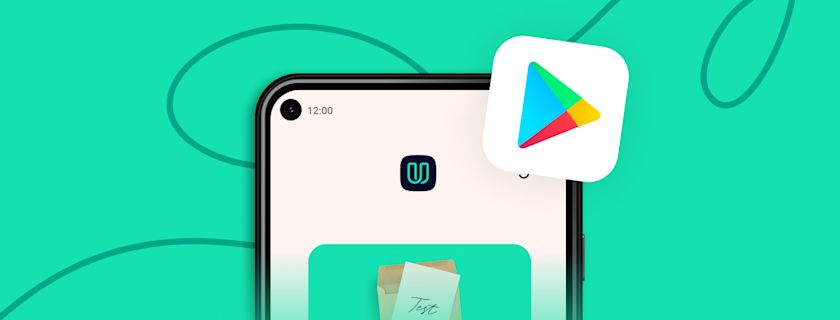A smartphone displays an app screen featuring an abstract logo, overlaid with the Google Play Store icon, set against a vibrant green background with flowing lines.