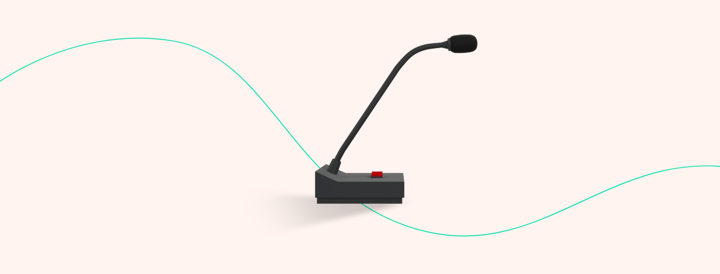 A gooseneck microphone with a red button on a pale pink background with a decorative teal sine wave pattern.