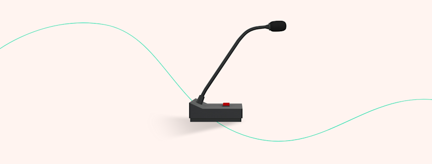A gooseneck microphone with a red button on a pale pink background with a decorative teal sine wave pattern.