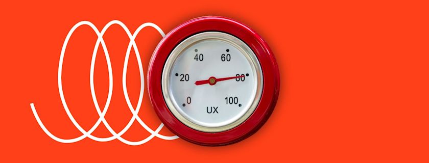 A gauge with a red pointer pointing to the number 30, with white coils on the left and an orange background.