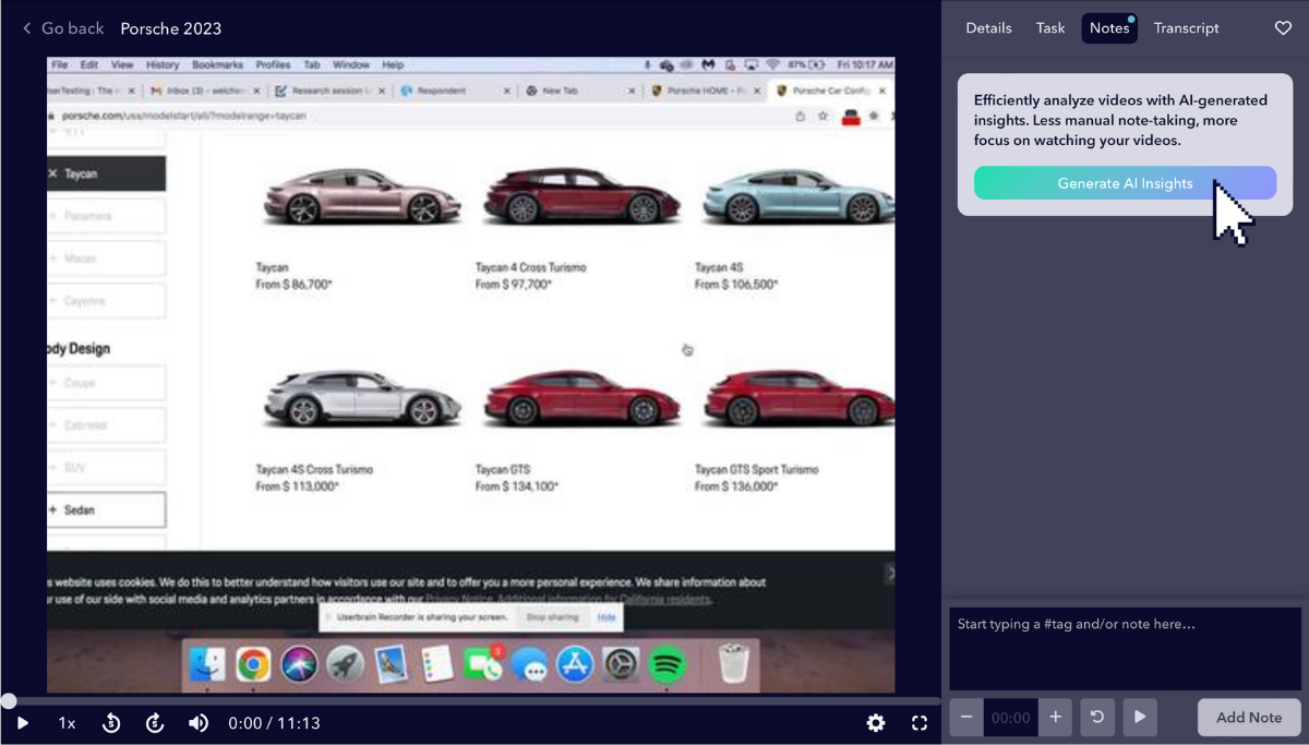 Screenshot of a Porsche car configurator with various models and prices displayed on screen. The screen shows the 'Notes' tab of a video analysis tool, prompting the user to generate AI insights.