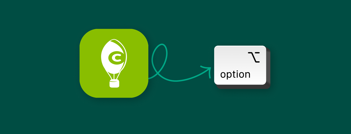 A green square with a white hot air balloon containing the letter C points with a teal swirl arrow to a white button labeled "option" with a symbol above it.