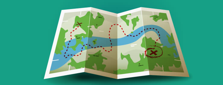 Cartoon-style folded map showing land, a winding blue river, a dotted red trail, and two locations marked with red 'X' marks.