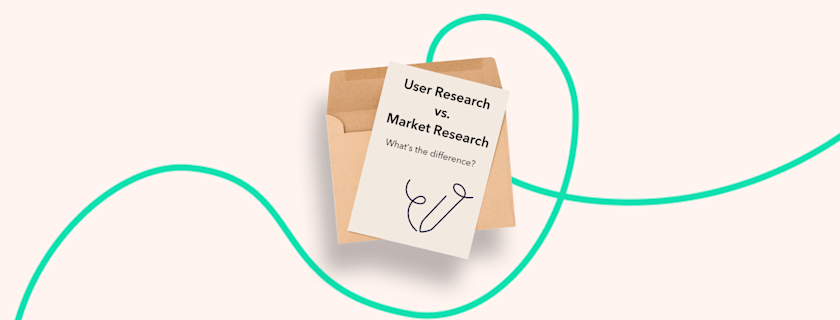"User Research vs. Market Research" document partially out of a tan envelope, surrounded by a looping teal line on a cream background.