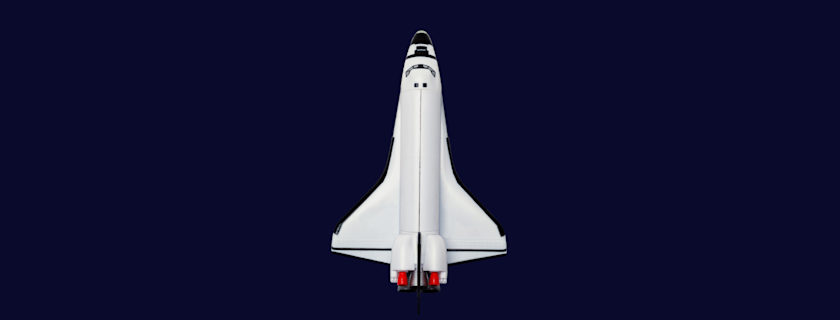 A top-down view of a white space shuttle against a dark blue background.