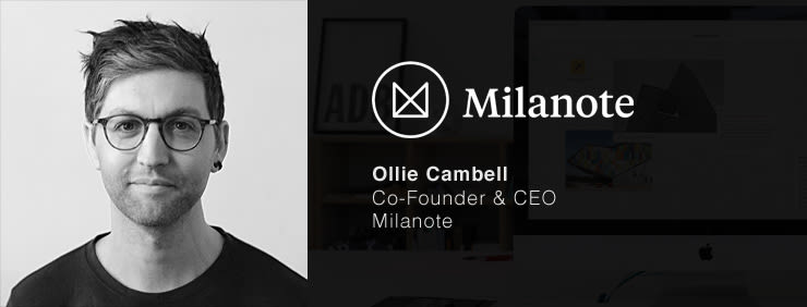 Promotional image for Milanote, featuring a portrait of co-founder and CEO Ollie Cambell. The Milanote logo and website are also visible.