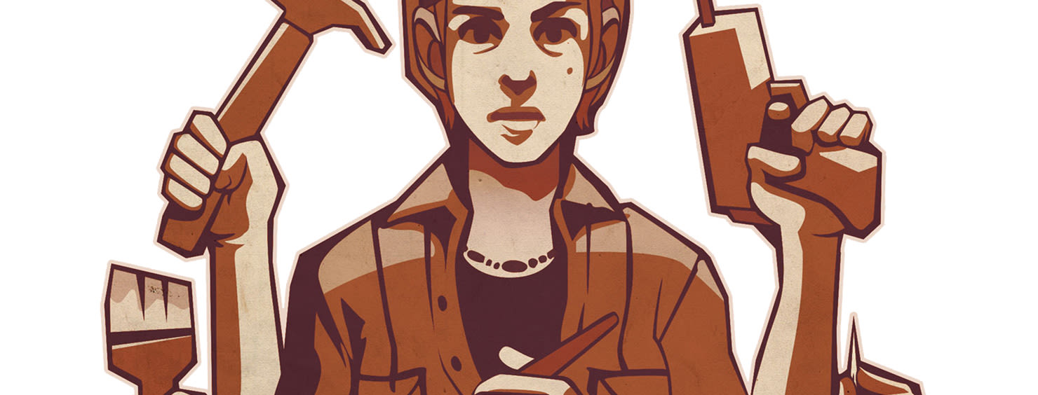 Illustration of a person holding various tools, including a hammer, a drill, and a paintbrush, symbolizing a skilled tradesperson or DIY enthusiast.