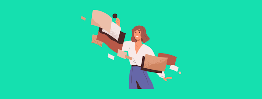 Illustration of a woman in a white shirt and blue pants juggling paperwork and a gavel, set against a teal background.
