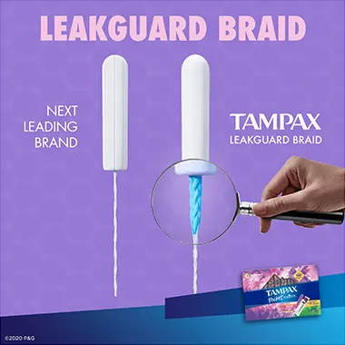 LeakGuard Braid in Tampax Pocket Radiant tampon helps stop leaks before they happen