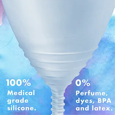 Tampax menstrual cup is made of 100% medical grade silicone and is 0% dyes, perfume, BPA or latex