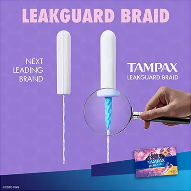 LeakGuard Braid in Tampax Pocket Radiant tampon helps stop leaks before they happen