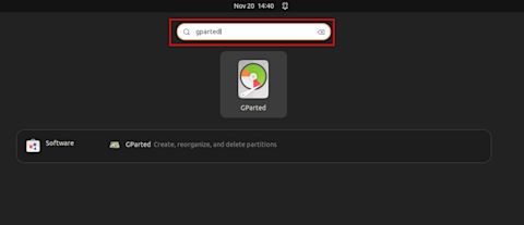 検索結果に表示されたGpartedアイコン