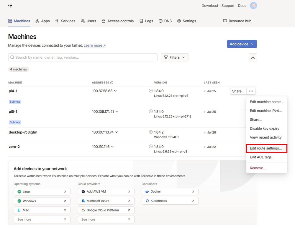 Edit route settingsを選択