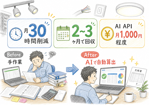 月30時間削減、2〜3ヶ月で開発費回収、AI API使用料月1,000円程度の導入効果サマリー