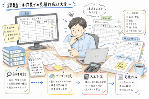 手作業で部材リストを確認し、カテゴリ判定や人工計算を行うBeforeの業務イメージ