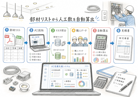 部材リストから見積書作成までのシステム処理フロー