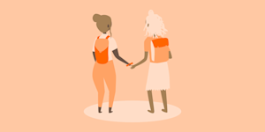 two illustrated figures with school back