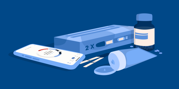 An illustration in a blue theme of a phone showing the clue app, some BBT tests, medication, pregnancy tests, and a medicine or pill bottle.