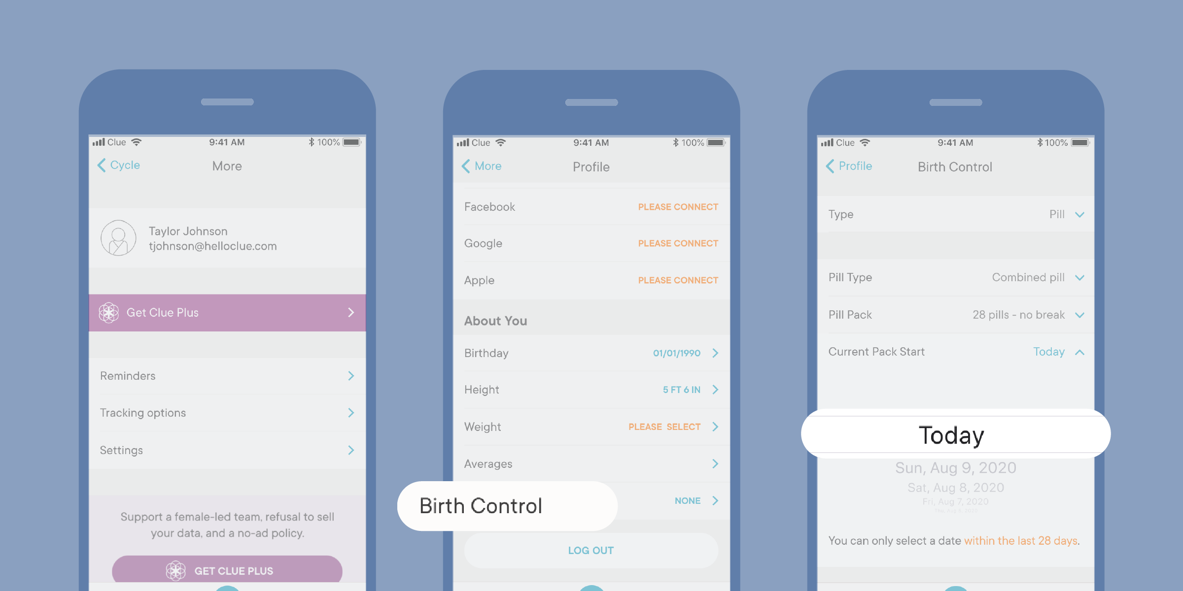 The Clue app showing how to adjust your birth control settings.