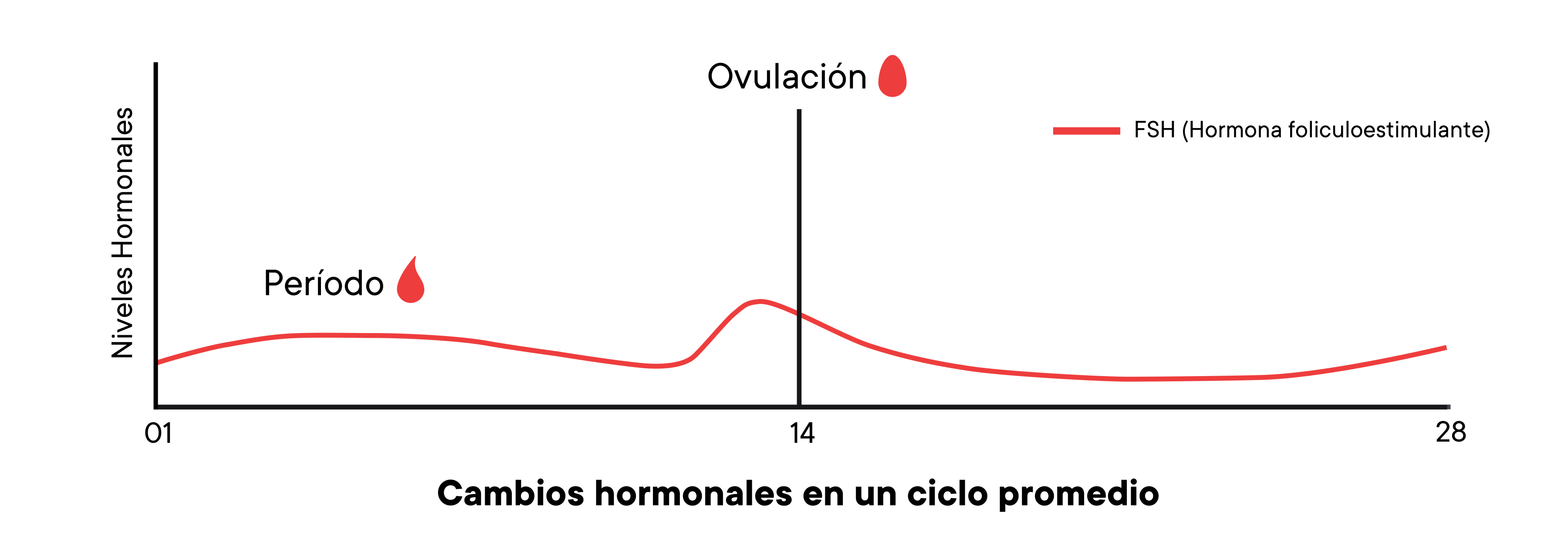Un gráfico que muestra los cambios de los niveles hormonales en un ciclo promedio a lo largo del tiempo.