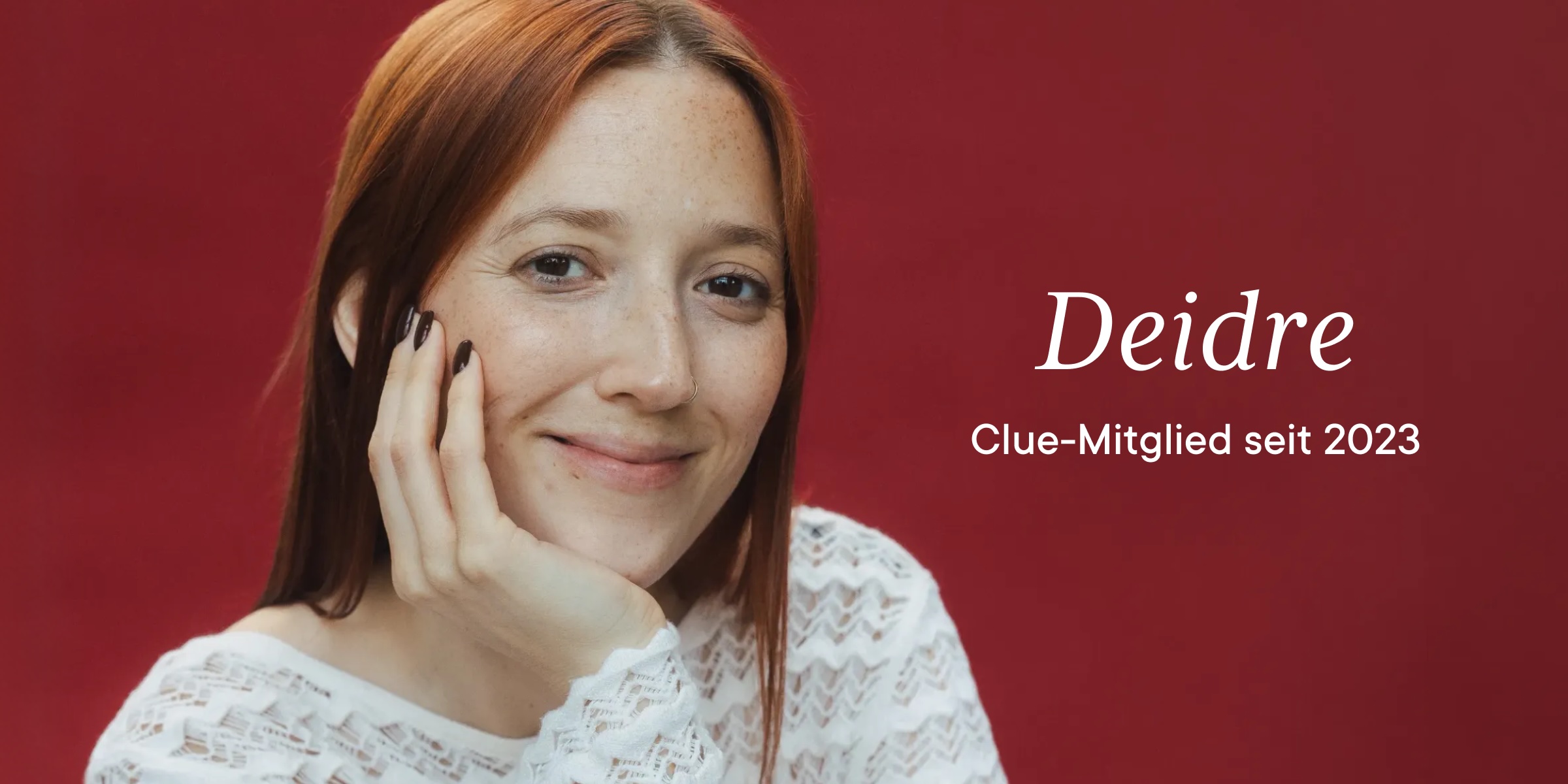Headshot of Clue member Deidre with text "Deidre Clue member since 2023"