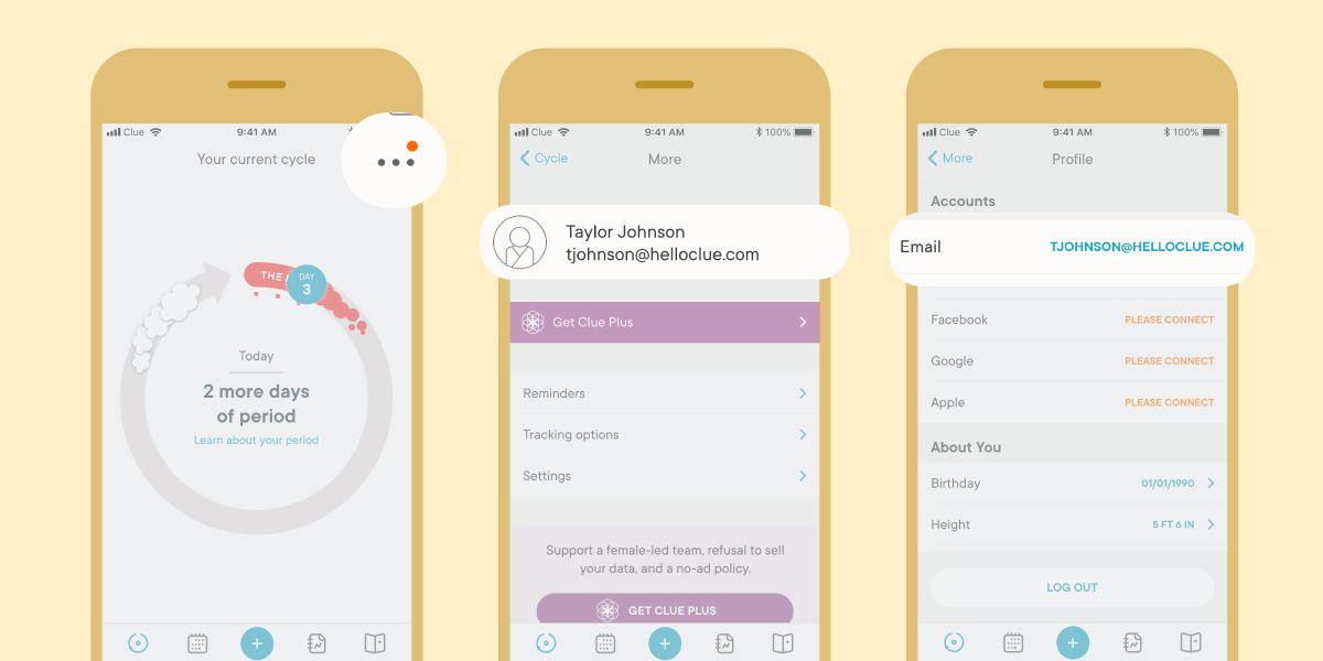 Screenshots showing how to edit your personal information such as birth control, birthday, height, and weight in the Clue app. 
