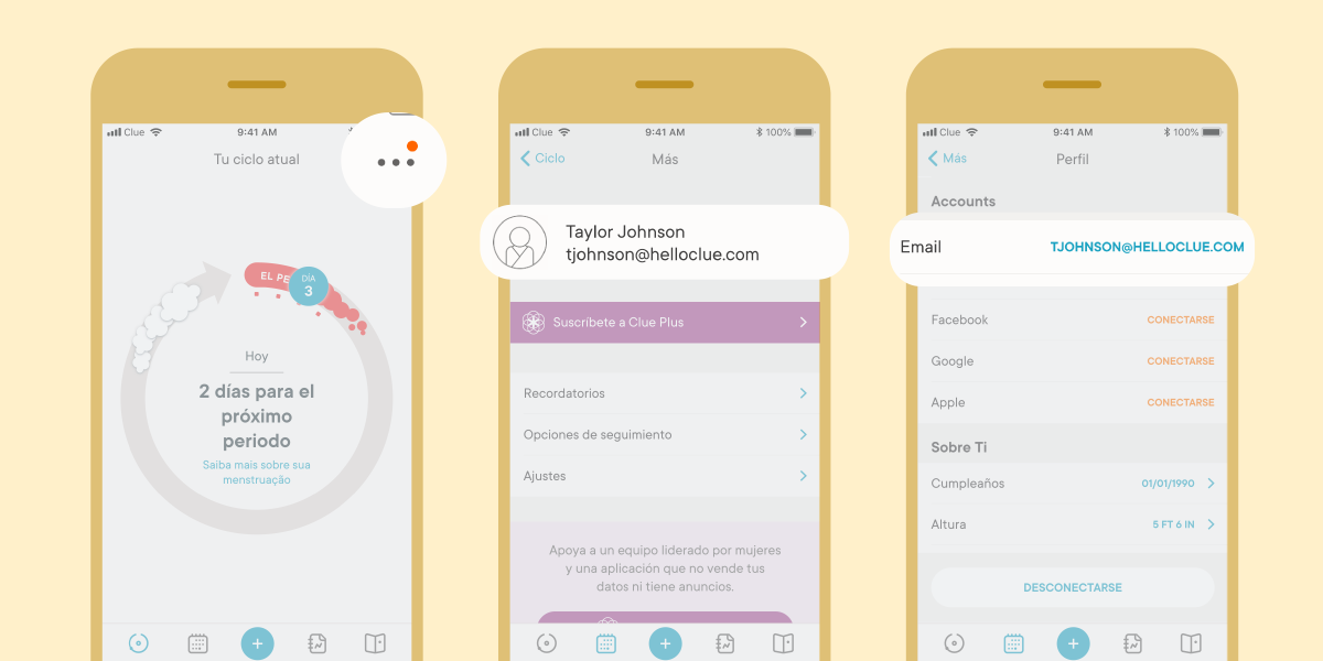 Screenshots showing how to edit your personal information such as birth control, birthday, height, and weight in the Clue app. 