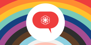 this is an illustration of a rainbow with a red chat bubble icon that has the Clue logo centered. 