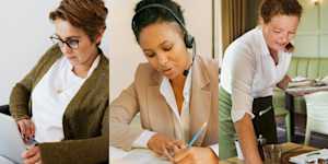 A collage of three women, one working on a laptop, one with a headset taking notes, and the third working as a waitress