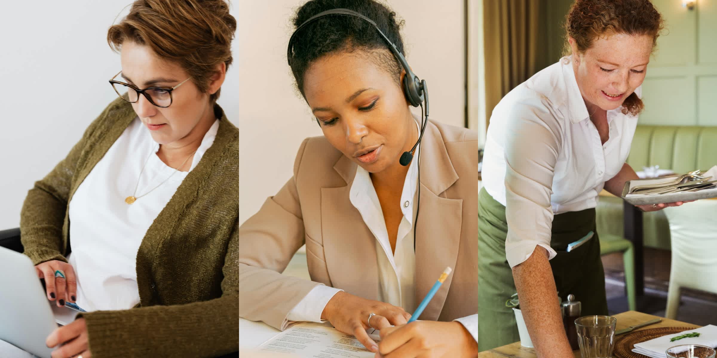 Un collage de trois femmes : l'une travaille sur un ordinateur portable, l'autre prend des notes avec un casque et la troisième est serveuse.