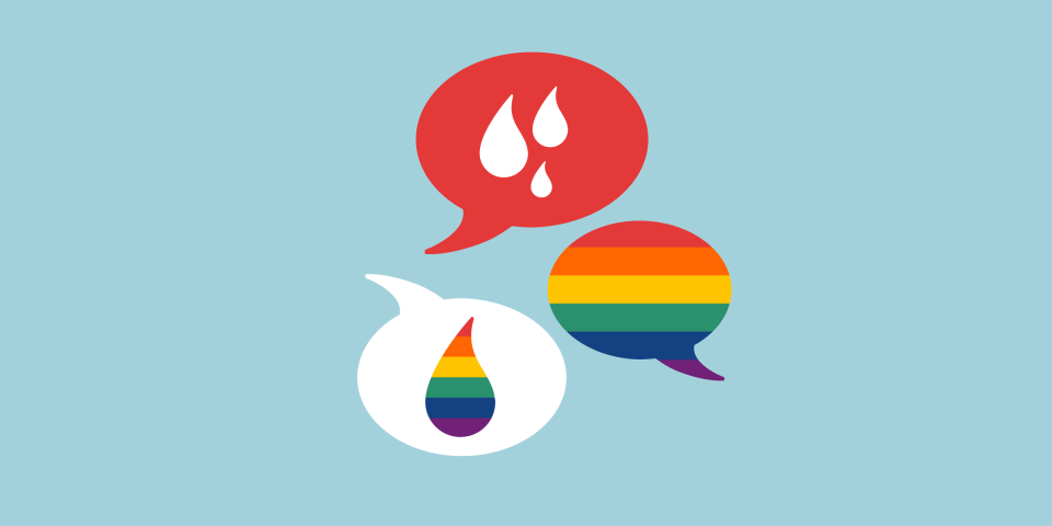 Gesprächssymbole mit Menstruationsbluttropfen und dem Regenbogen der LGBTQIA+ Bewegung