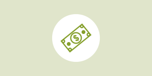 illustrated outlines of a green dollar bill on a white circle in the middle of a light green background