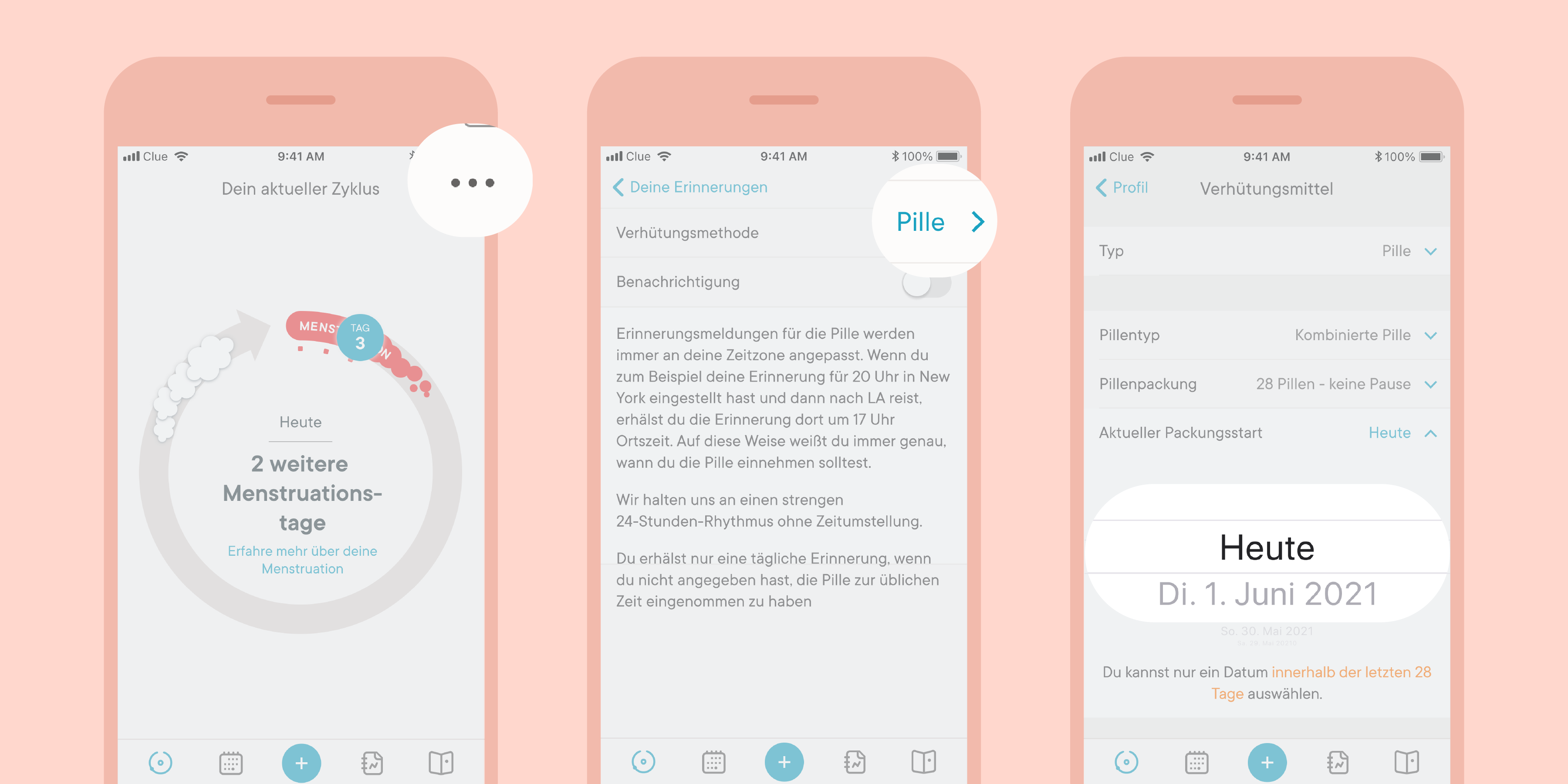 Screenshots zum Festlegen des Startdatums für Ihre Pillenpackung.