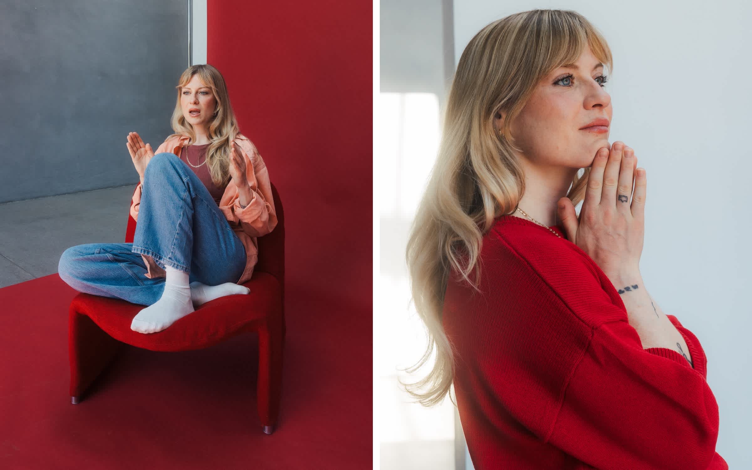 Clue member Faye sitting on a chair talking about getting her PMDD diagnosis