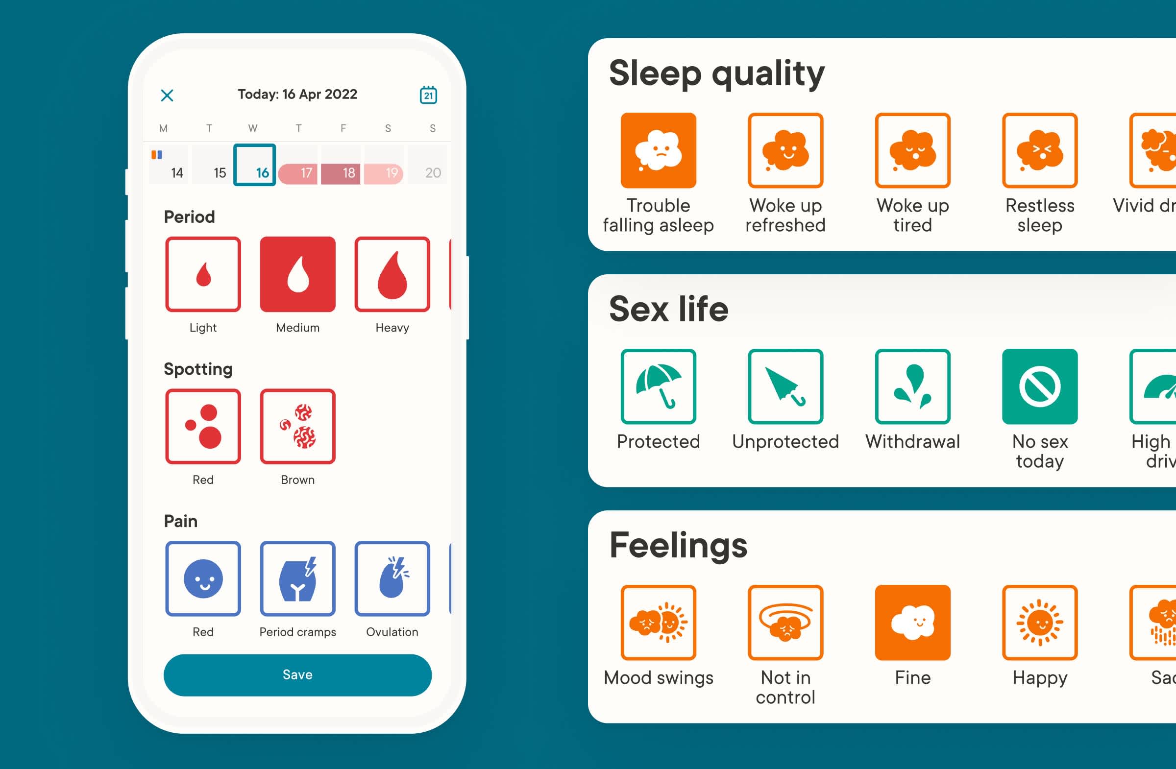 Clue tracking options including sex life, sleep quality, and feelings