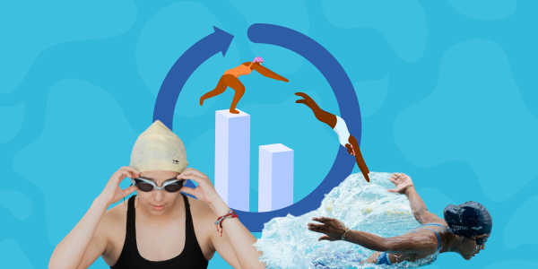 Collage-style design, of people diving and swimming