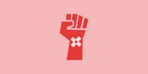 illustration of a red fist with a band-aid x on the wrist