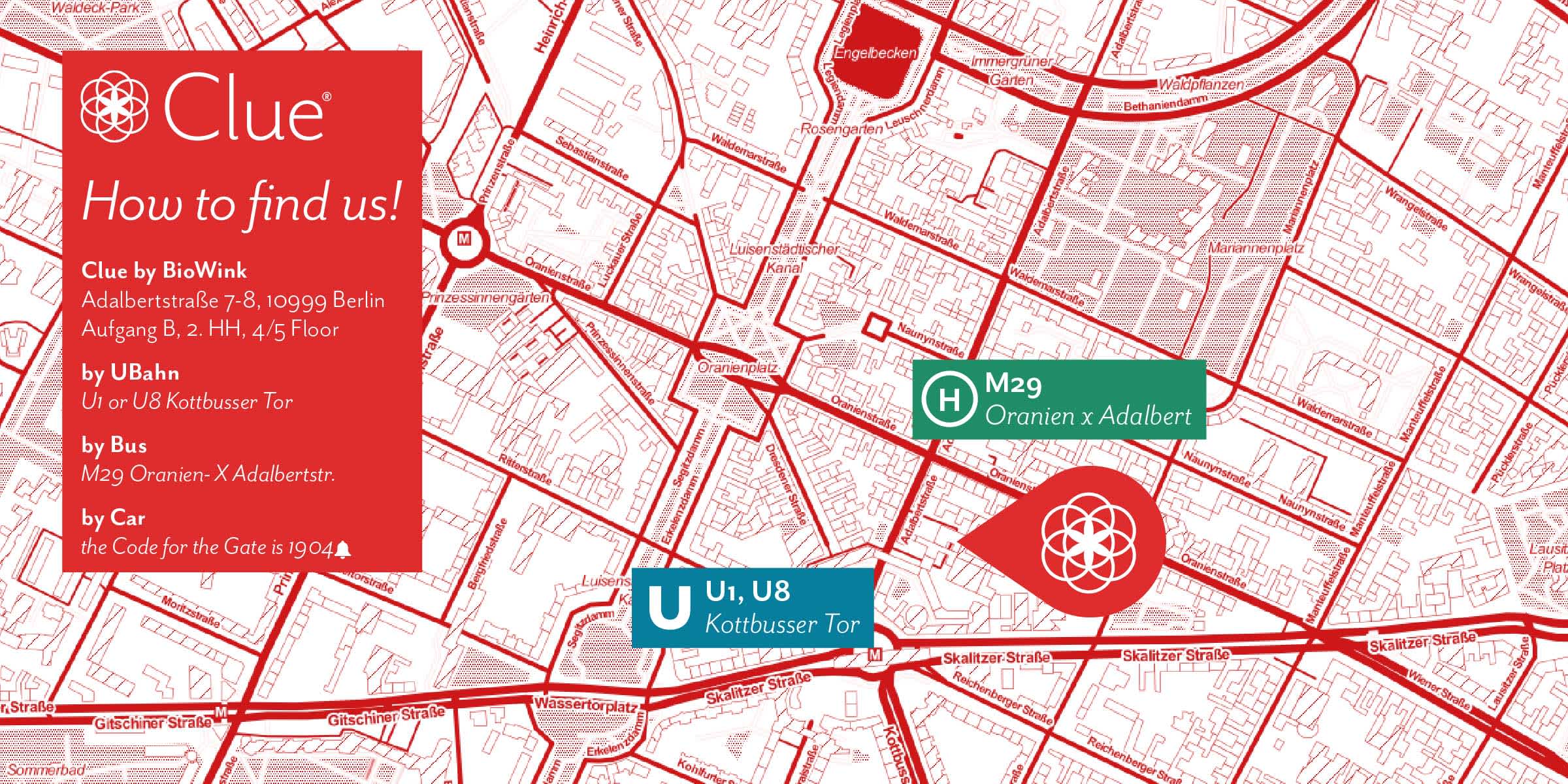 A map showing the Clue office in relation to the Kottbusser Tor U-Bahn station and the M29 bus stop. 