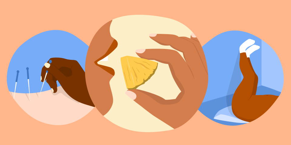 Diferentes ilustrações referentes a temas de fertilidade: acupuntura, alguém comendo abacaxi, alguém se alongando.