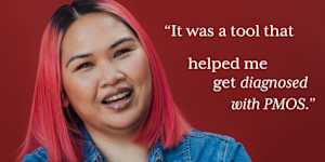 headshot of Clue member Brianna with text overlap "it was a tool that helped me get diagnosed with PMOS"
