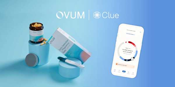 Clue app screen and pregnancy test with Ovum logo and Clue logo