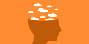 This is an illustration of a person's head, the top of their head is open and white clouds are floating out. The head is dark orange on a bright orange background.