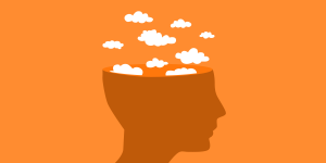 This is an illustration of a person's head, the top of their head is open and white clouds are floating out. The head is dark orange on a bright orange background. 
