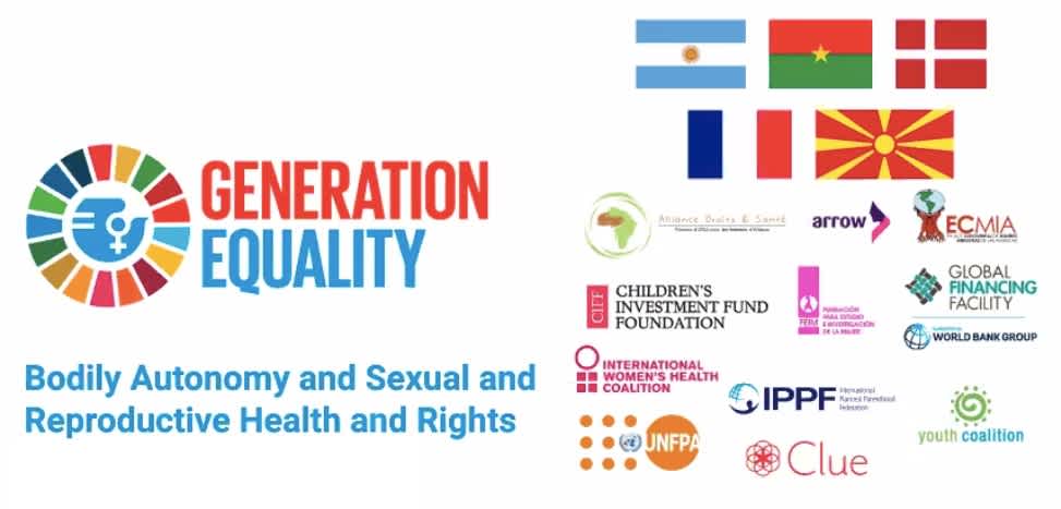 This is an image from the UN Generation Equality Action Coalition for Bodily Autonomy and Sexual and Reproductive Health and Rights with logos and flags of participating nations and organizations. 