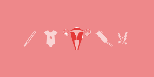Icons depicting a pregnancy test, baby clothes, a uterus, fallopian tubes and ovaries, a tampon, lightning bolts and stars. 