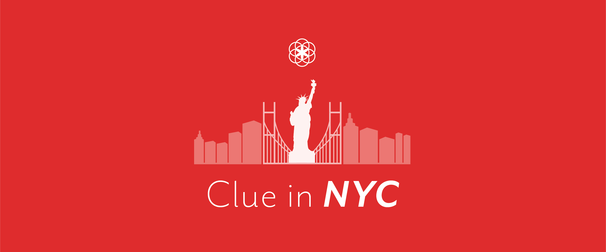 New York City skyline with statue of liberty and Clue logo