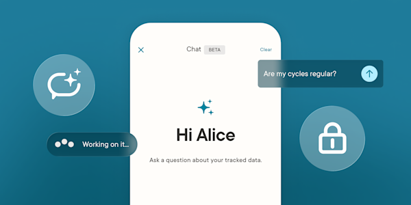 Illustration of the Clue app’s Chat feature in beta. The screen shows a personalized greeting and the prompt “Ask a question about your tracked data,” with a sample question, “Are my cycles regular?”, and a “Working on it…” status. A chat bubble icon and a padlock icon float beside the phone, representing AI chat and data privacy.