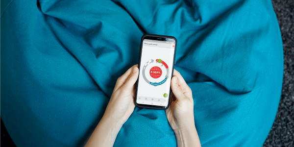 stockphoto of two hands resting on a blue bean bag holding a phone with the clue period tracking app in use